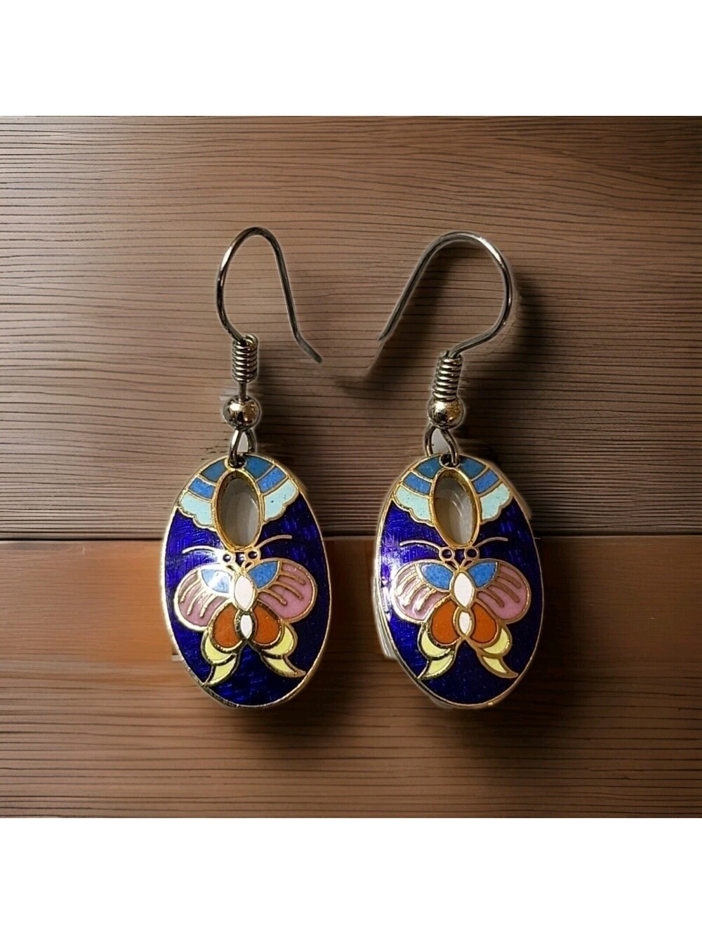 Rare Cloisonne Goldtone Ornate Earrings Butterflies Beautiful M8